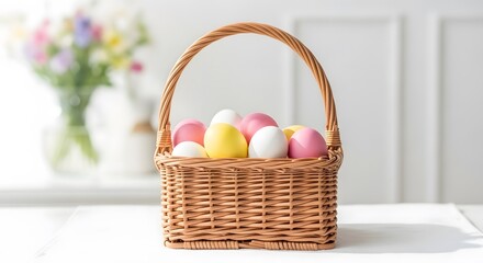 Fototapeta premium Easter basket with colorful eggs on white table with flowers