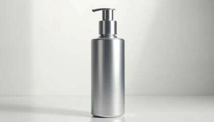 Sleek silver pump bottle stands on white surface. Minimalist cosmetic container with dispenser, ideal for beauty products. Simple modern design.