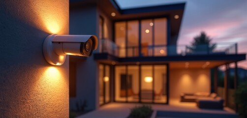 Fototapeta premium Security camera mounted on wall. Modern house exterior at twilight with warm lighting. Surveillance equipment offers property protection, safety. Smart home technology enhances residential security.