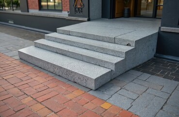 Fototapeta premium Modern building entrance with speckled grey stone stpic and red brick pathway. Architectural design provides access and enhances exterior facade. Clean outdoor pavement and structure.