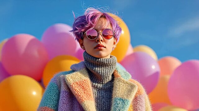 Person with colorful hair and balloons