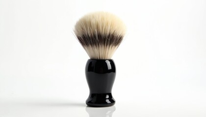 Black handle shaving brush with soft bristles, isolated on white. Tool for wet shaving beard, face grooming, barber shop accessory. Hygiene care item.