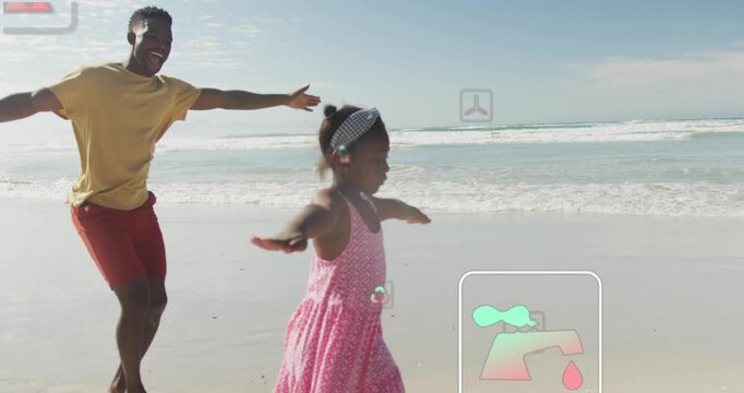 dad and girl walking beach balancing mirroring arms camera zooming causing UI overlays for creators