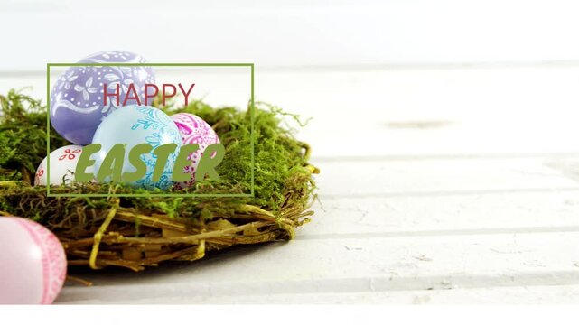 Thin green line appearing, twig nest shifting with pastel eggs as cam zooming, showing HAPPY EASTER