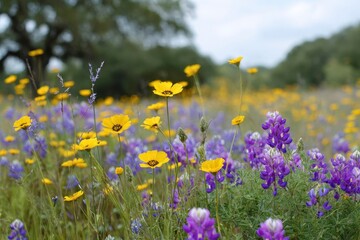 a field of yellow and purple wildflowers, with some blue accents.