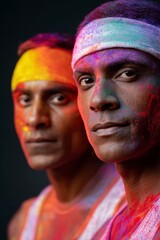 two indian men covered in bright holi powder, wearing running gear and sweatbands