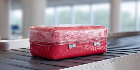 a red suitcase with plastic wrap on the airport carousel
