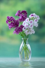 a vase of purple and white flowers on the table, with a green background and water