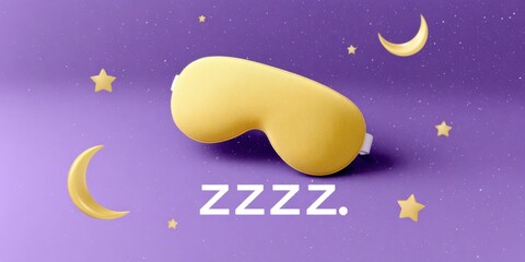 a yellow sleeping mask floating on a purple background with stars and the text zzzz