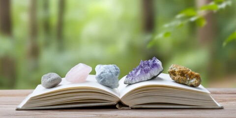 an open book with natural gemstones and crystals on it, placed in a forest. the background is blurred green trees.