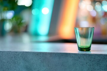 closeup of an empty concrete counter with green glass on top, a blurry bar in the background, and colorful, orange and teal lighting.