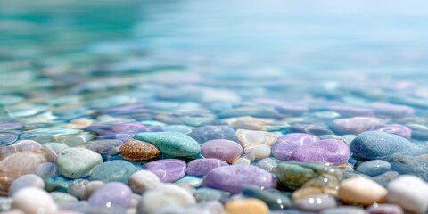 colorful pebbles in clear water, beautiful colored stones on the bottom of transparent seawater