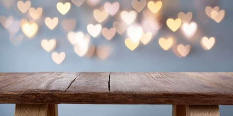 dark wooden table with a blurred background of heart shaped lights