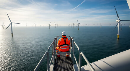 Professional technician in bright orange protective gear sitting on an offshore wind turbine platform overlooking the vast blue ocean at a renewable energy farm during routine inspection