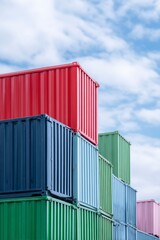 lovingly stacked shipping containers in red, blue, and green colors, with a sky background.