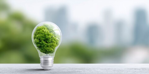 green energy and environmental concept with a lightbulb in the shape of a green world on a city background.