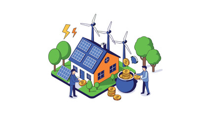 Fototapeta premium Sustainable living concept showing a modern house powered by solar panels and wind turbines with people collecting coins in a pot.