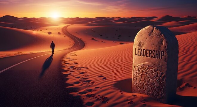 A solitary figure walks on a road through a desert at sunset, with a weathered tombstone bearing the word LEADERSHIP on its side, suggesting a legacy.