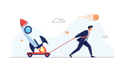 Fototapeta premium Ambitious businessman using effort to pull a large rocket on a trolley through the sky representing hard work before a startup launch.