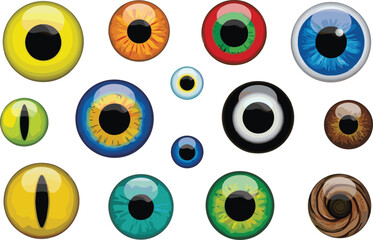 Colorful realistic eye collection with different iris styles including human and animal pupils detailed vector illustration set isolated