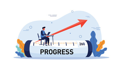 Dedicated professional working on laptop atop large progress bar with rising arrow symbolizing career advancement continuous growth and business success.