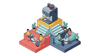 Fototapeta premium Diverse people working on laptops in a modern tiered coffee shop interior designed around a giant espresso machine representing remote work culture.