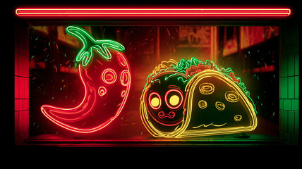 Neon Taco and Chili Pepper Sign