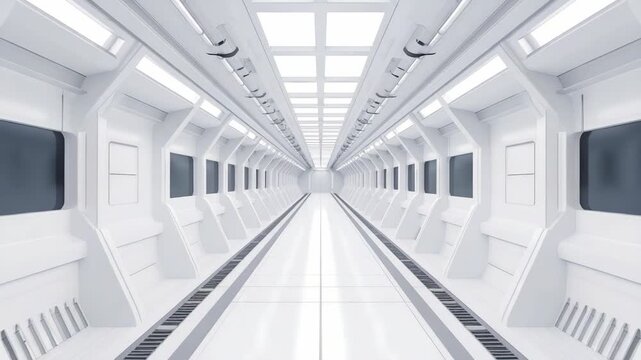 Futuristic white spaceship corridor with geometric patterns and glowing ceiling lights