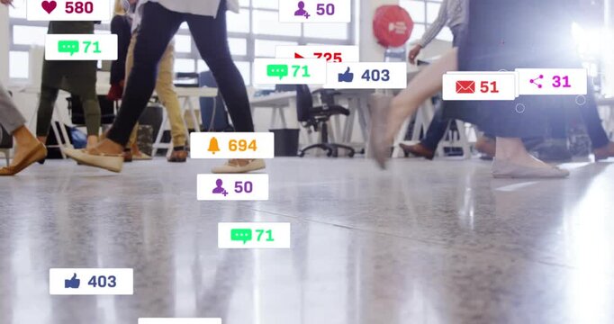 Office workers walking across shiny floor, incoming social metrics spawning animated badges