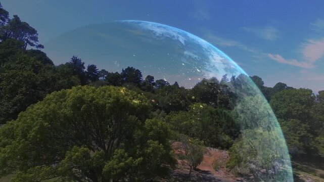 Blue-tinted hemisphere appearing from right, moving over treetops, revealing texture for overlay