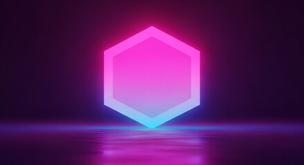 Neon hexagon shape glowing, abstract background, futuristic design