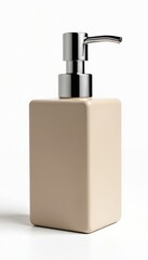 Obraz premium Modern beige soap dispenser with chrome pump. Minimalist accessory for clean bathroom decor. Object isolated on white background. Perfect for home hygiene and beauty.
