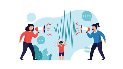 Obraz premium Two people arguing and shouting through megaphones while a small child stands in the middle feeling distressed by the noise and conflict.