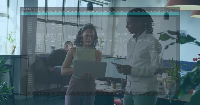 Woman showing laptop code, causing code overlay growing while man tapping device for tech review