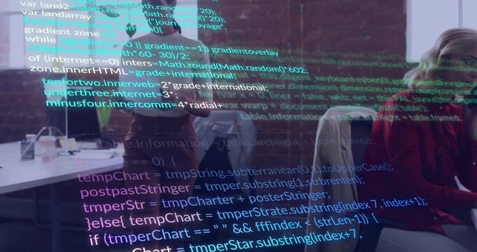 Woman speaking on phone typing laptop in tech, causing code overlay rising, peer holding work docs