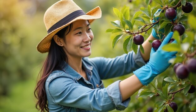 Asian woman smiles wearing straw hat and blue gloves picking ripe plums from tree branch. She works in orchard during summer harvesting season, enjoying organic fruit farming and nature.