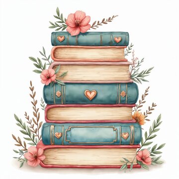 Stack of vintage books with floral accents and heart shapes. Pastel colors and soft leaves create a gentle, romantic theme ideal for spring or Valentine decorations.