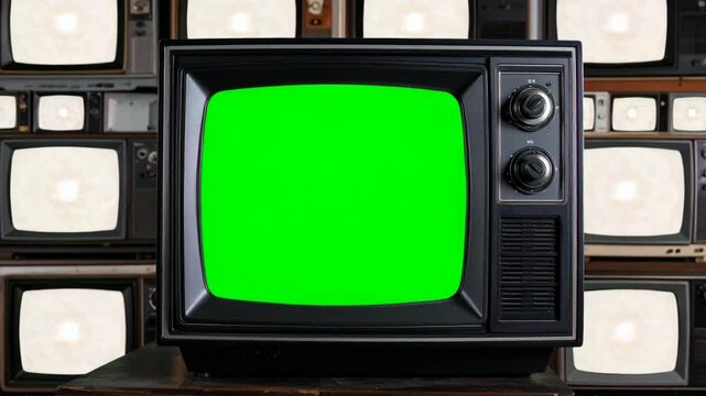 Vintage television set with a bright green screen set against a wall of other old TVs