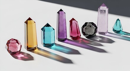 colorful crystals collection, gemstone, mineral, light and shadow