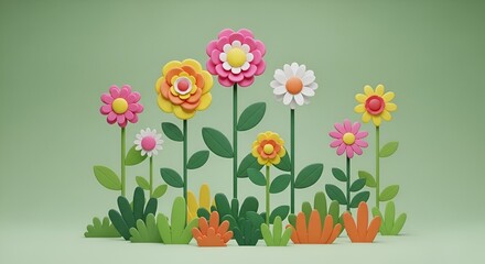 Colorful paper flowers in a garden, spring and nature concept
