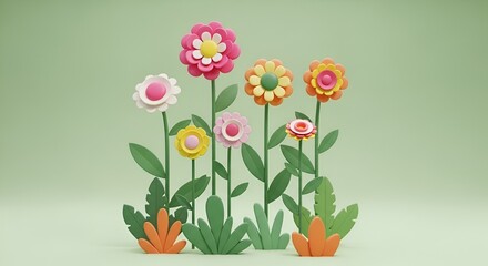 colorful paper flowers on green background, spring concept