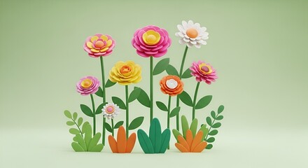 Colorful paper flowers on green background, spring concept