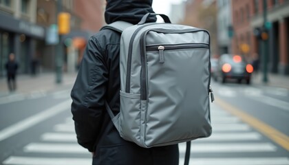 Fototapeta premium Person with large grey backpack waits at crosswalk in city. Anonymous courier ready for delivery work on urban street. Modern gig economy worker moves through town.
