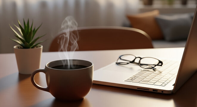 Coffee mug emits steam next to a laptop and eyeglasses on a wooden table in a home office setting.
