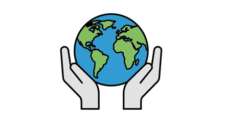 Fototapeta premium A minimalist line art illustration of two hands cradling a blue and green globe on a white background with a simple and symbolic composition.