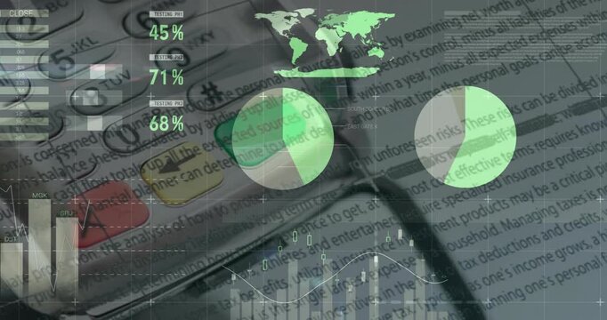 Hand pressing key, HUD spinning, bars rising, focus shifting, stethoscope grounding finance visuals