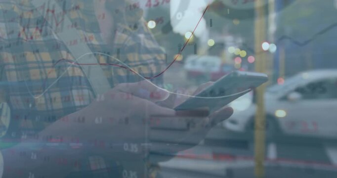 Man scrolling by pole, tapping phone showing animated finance charts over phone checking stocks