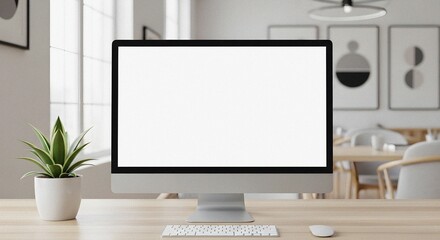 Fototapeta premium Modern Desktop Monitor Displaying Content on Wooden Desk in Bright Minimalist Home Office Space