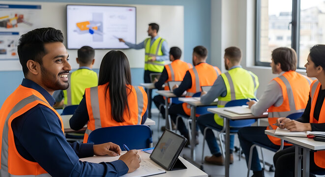 Diverse industrial trainee group attending educational seminar where happy male builder wearing orange visibility waistcoat listens attentively in bright modern classroom