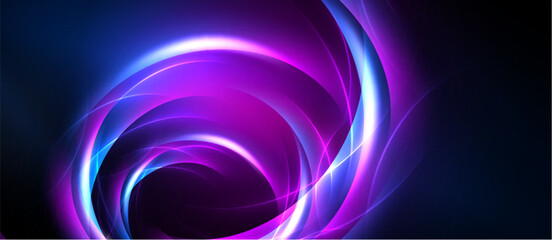 Obraz premium Abstract swirls, vibrant purple, blue hues create dynamic energy. Light radiates from central point, forming captivating visual effect.